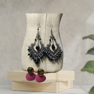 2 Elegant Black and Silver Chandelier and Gold and Burgundy Earrings